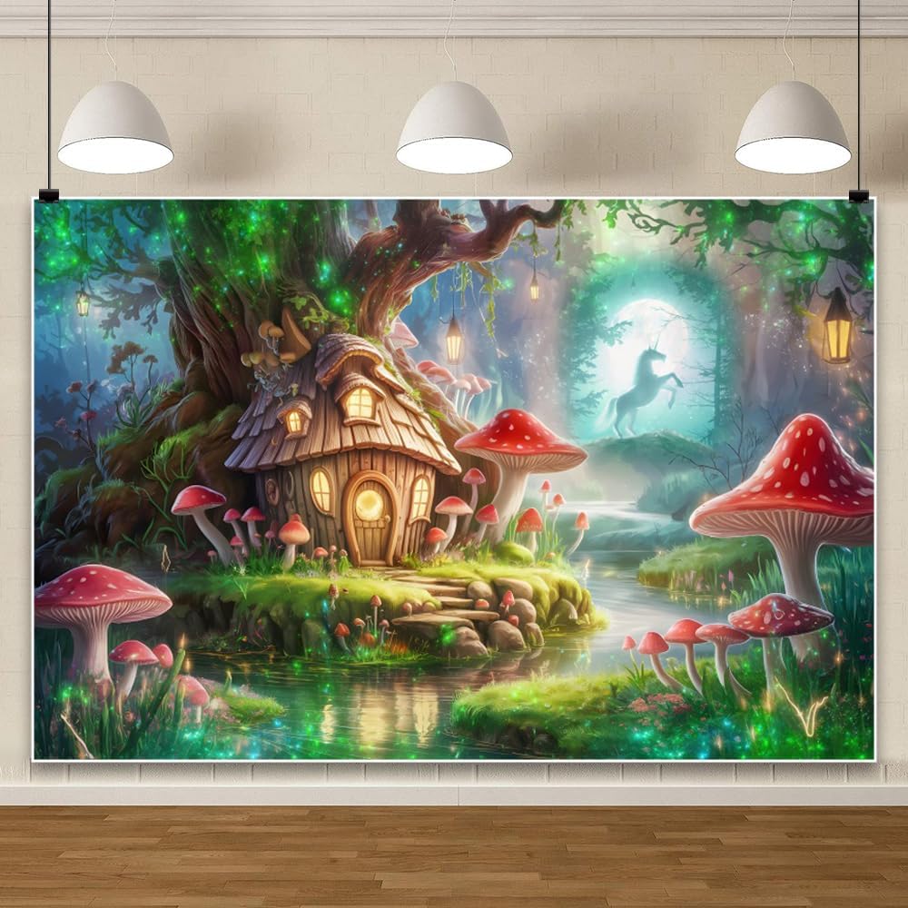 AOFOTO 7x5ft Magic Tree House Photoshoot Backdrop Mushroom Unicorn River Enchanted Forest Photography Background Fairy Tale Wonderland Theme Party Decoration Girls Princess Kids Birthday Banner