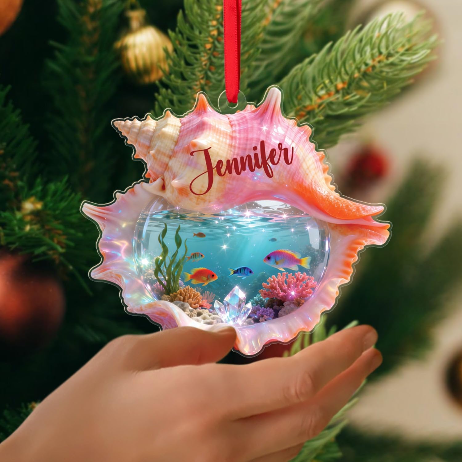 Sea Shell Shaped Acrylic Ornament, Personalized Seashell Christmas Ornament, Sea Shell Animal Underwater Holiday Keepsake, Custom Name Seashell Ornaments for Xmas Tree, Gift for Sea Animal Lovers