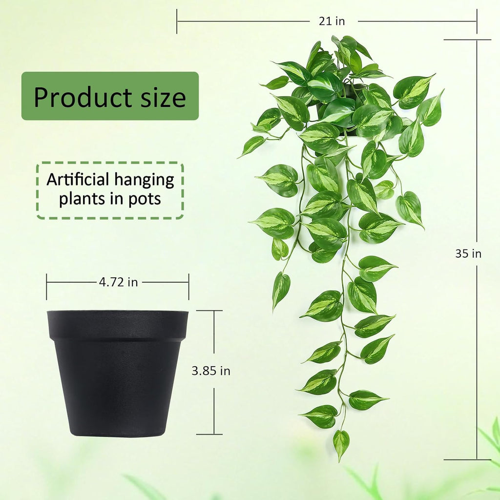 Realistic Artificial Pothos Vines with Pots - Fake Hanging Plants for Indoor Decor, Low Maintenance Silk Faux Greenery(2 PCS)