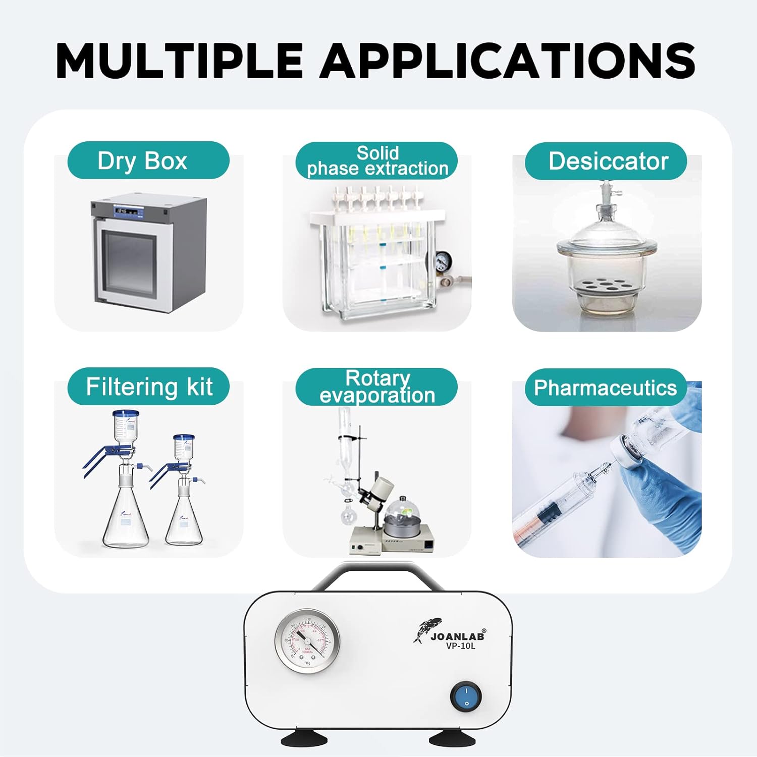 LAB FISH Lab Vacuum Pump 10L/min Portable Oilless Diaphragm Vacuum Filtration & Rubber Tube