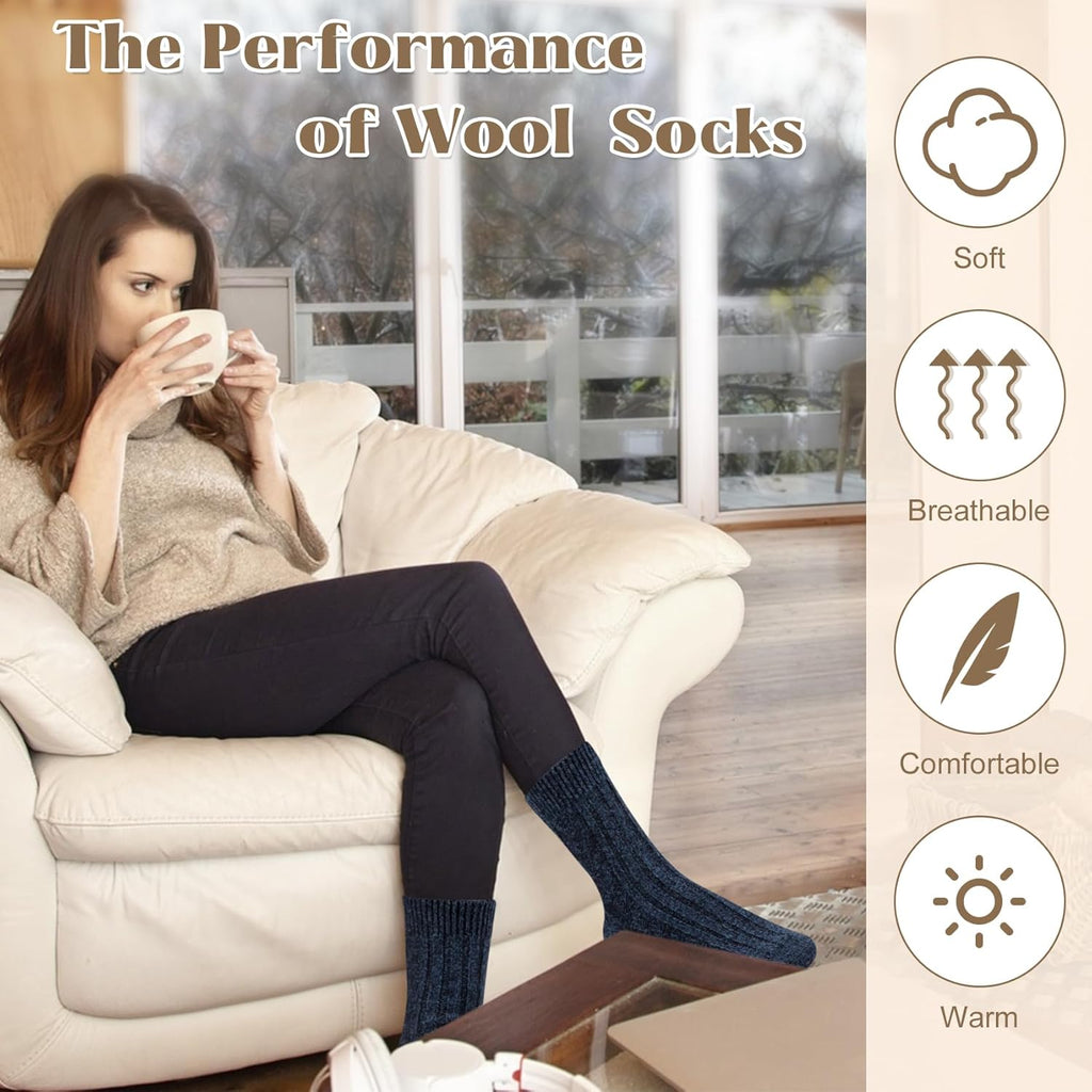 Justay 5 Pairs Wool Socks for Women - Winter Thick Boot Cozy Crew Vintage Soft Calf Knit Warm Socks Gifts