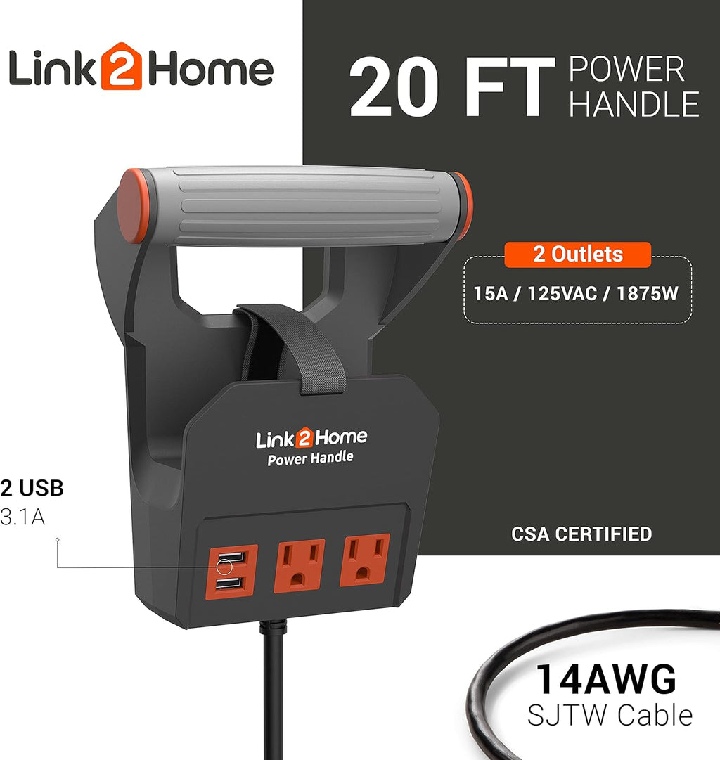 Link2Home 20 Ft. Power Handle Extension Cord W/ 2 Outlets & 2 USB Ports - Wall Bracket & Hardware Included