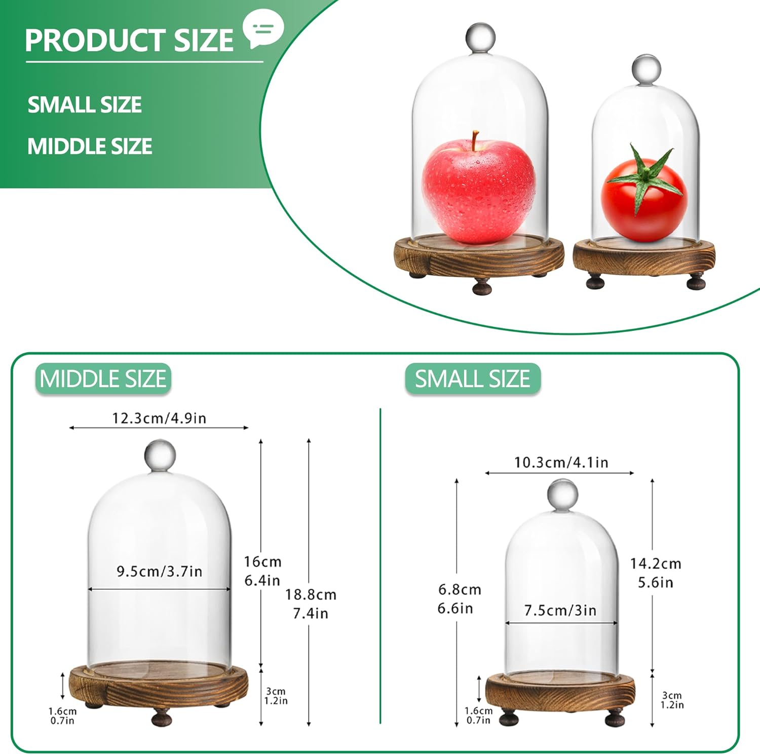 ZEERSHEE Pack 2 Clear Glass Dome with Wooden Base Glass Display Cloche Bell Shape Dome for Antique Collectibles Specimens Plants Dustproof Christmas Gift for Women（3.7*6.4in,3*5.6in