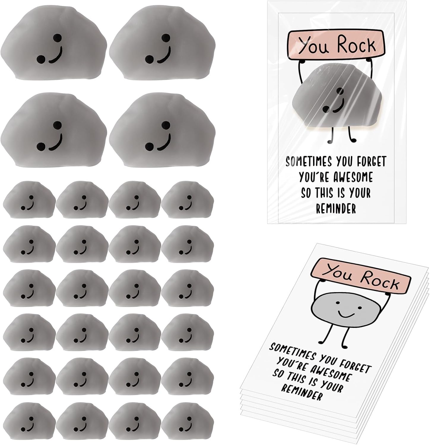 Wettarn 30 Sets Emotional Luminous Stone Stress Ball Gifts Bulk Office Christmas Appreciation Gift Cute Positive Stone Squeeze Inspirational Card You Rock Figures Stress Relief Ball for Coworker Staff