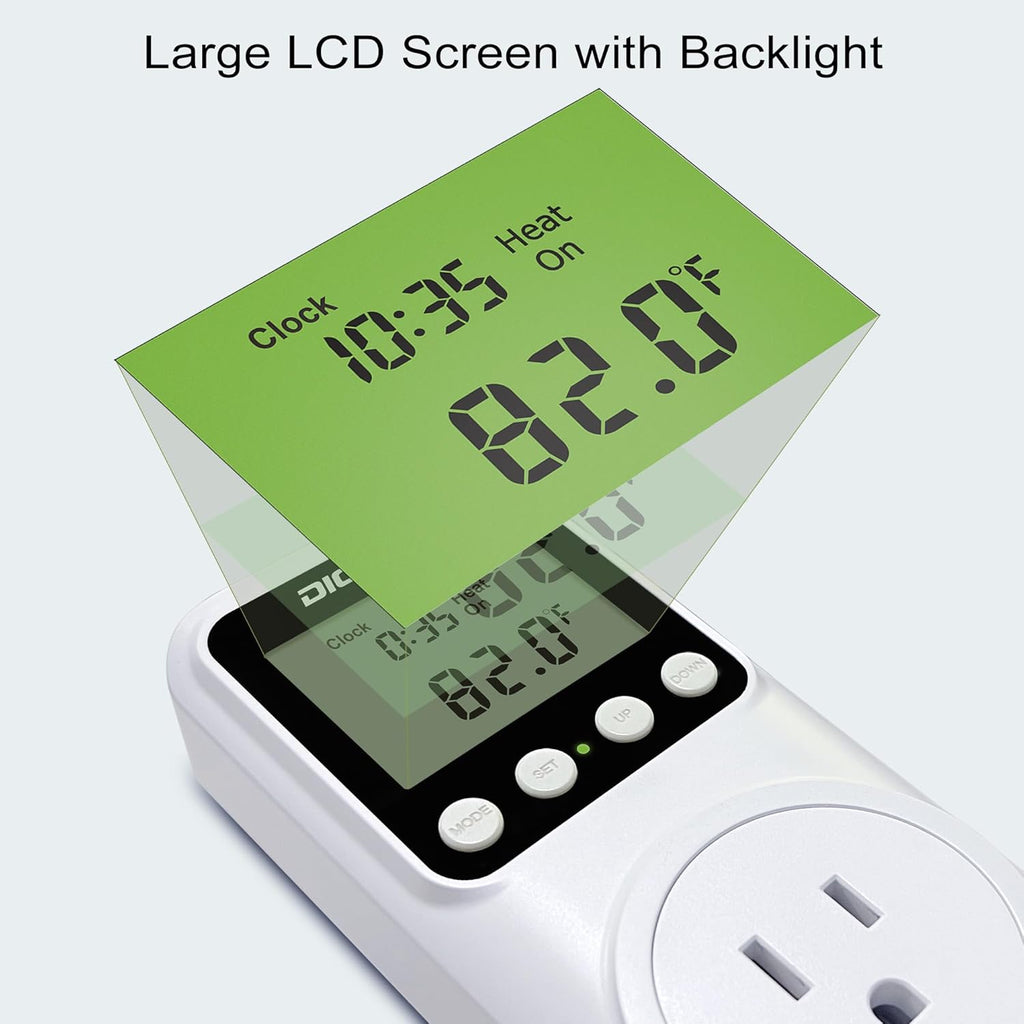 Timer Thermostat, Day-Night Temperature Controller, Clock Function, ℃/℉ Plug-in Outlet Timer Thermostat with LCD Screen Backlight Function 110V 15A