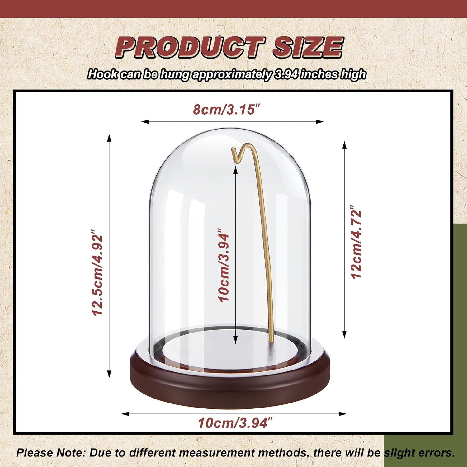 2 Pcs Pocket Watch Glass Display with Hooks Dome Cloche with Wood Base Decorative Glass Display Dome Showcase for Watch Plants Medals Photos Collectibles Dark MDF Base(3" X 5",Gold Hook)