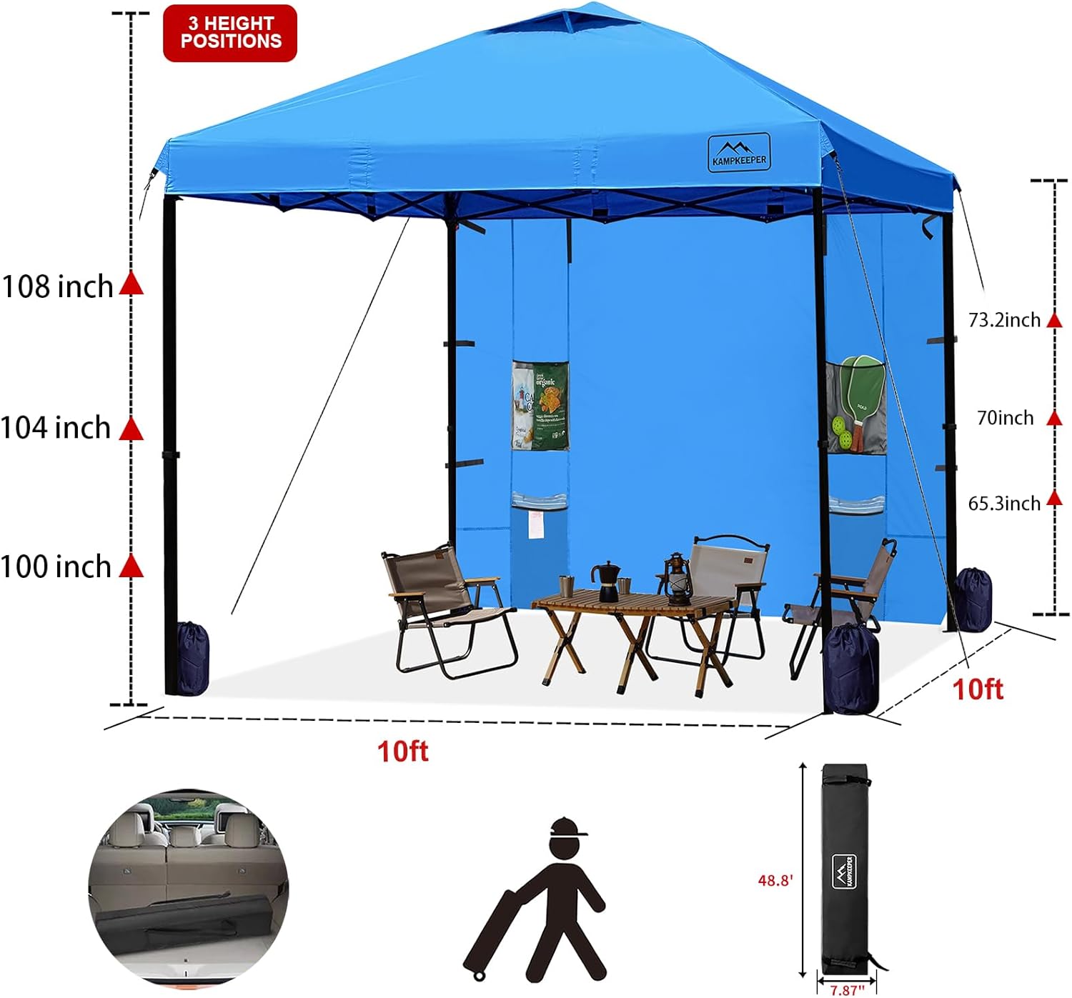 KAMPKEEPER 10x10 Easy Pop Up Canopy Tent with Sidewalls, Instant Outdoor Shade Shelter with Removable 10FT Sun Walls, Quick Setup Waterproof and UV-Resistant for Patio (Light Blue, 1 sidewall)