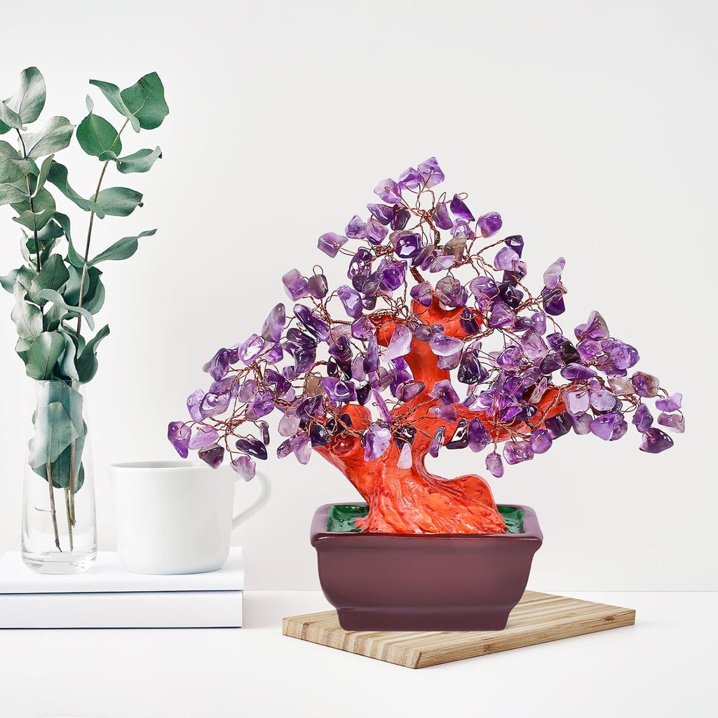 Feng Shui Quartz Crystal Money Tree Bonsai Style Decoration for Luck and Wealth (Purple)