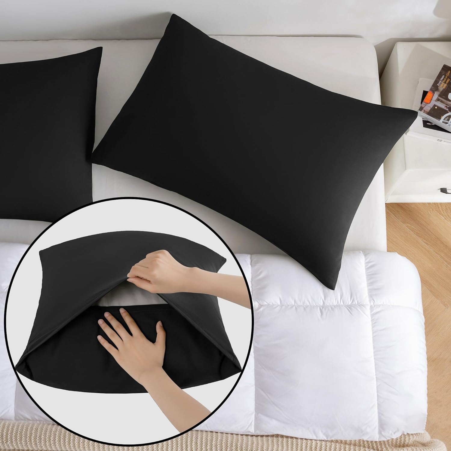 JELLYMONI Pillowcases Standard Set of 2 Cotton Envelope Pillow Covers Pure Black 20×26in Bed Pillow Cases 100% Washed Cotton Soft Breathable (Pillows are not Included)