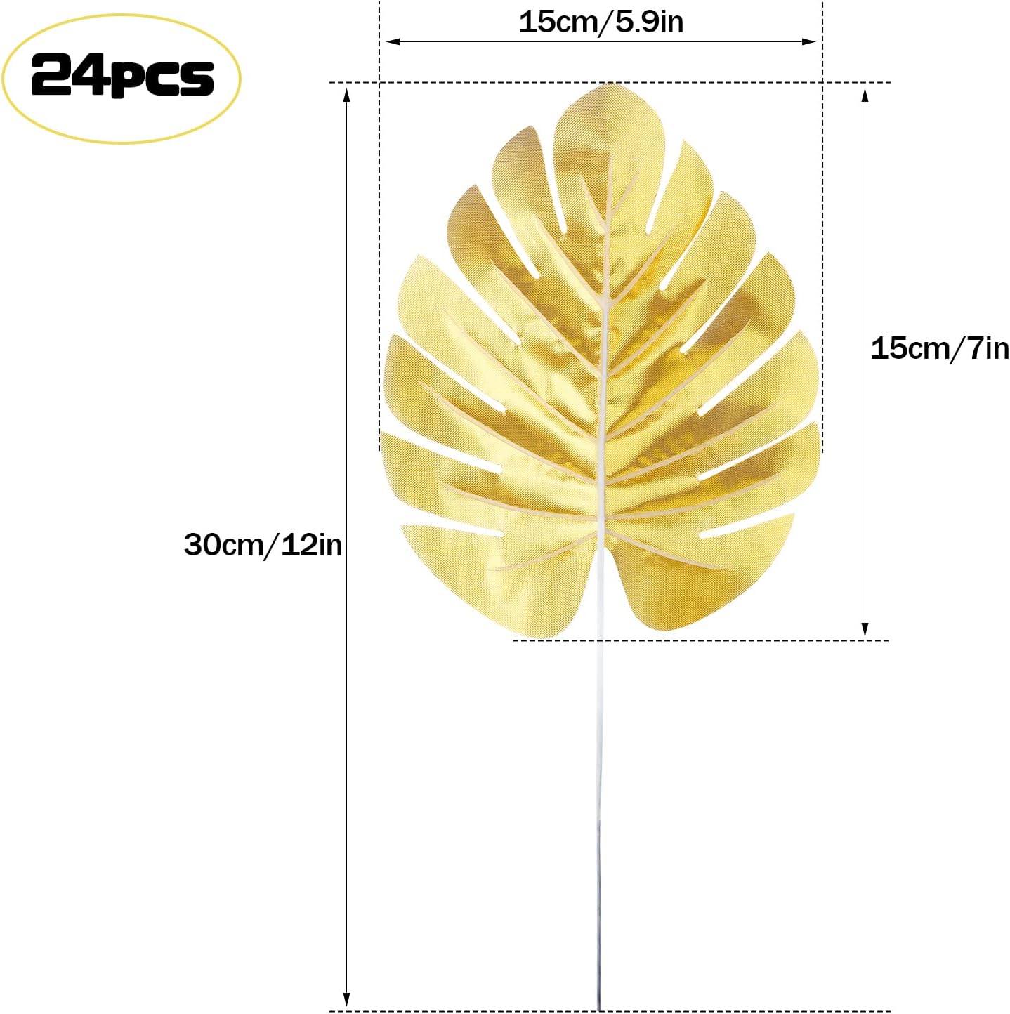 CCINEE 24PCS Golden Artificial Palm Leaves, Faux Monstera Leaves Simulation Safari Leaves with Stems for Home Hawaiian Luau Party Jungle Beach Theme Party Decoration