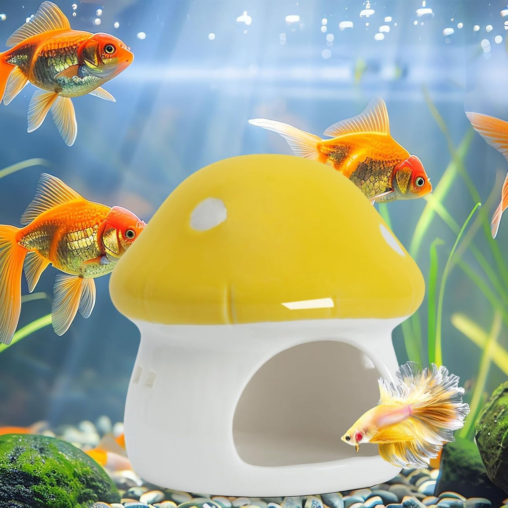 Mushroom Fish Tank Decor, Ceramics Aquarium Shrimp Cave, Betta Hideout Decoration, Cottage Ornament Goldfishes Pleco Cave for Fish Tank Landscape Hideaway Spawning Decor - Yellow