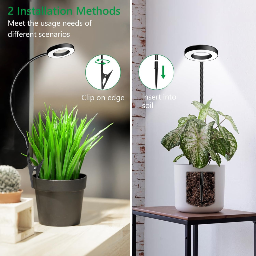 Plant Light 2 Pack, Clip on Grow Lights for Indoor Plants, LED Full Spectrum Halo Grow Lamp with, 6/12/16H Timer, 5 Dimmable, 3 Modes, 2 Installation Options Clip or Plug