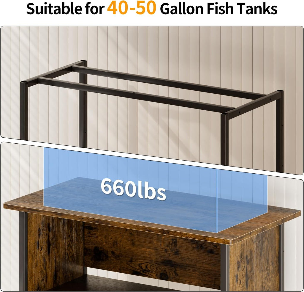 APPLOYN 40-50 Gallon Fish Tank Stand, Aquarium Stand with 3-Tier Storage Shelf, Heavy Duty Metal Frame for Turtle Reptile Terrarium Tank Stand, for Living Room, Office, 36.6" L x 18.9" W x 31.5" H, Black, Vintage Brown