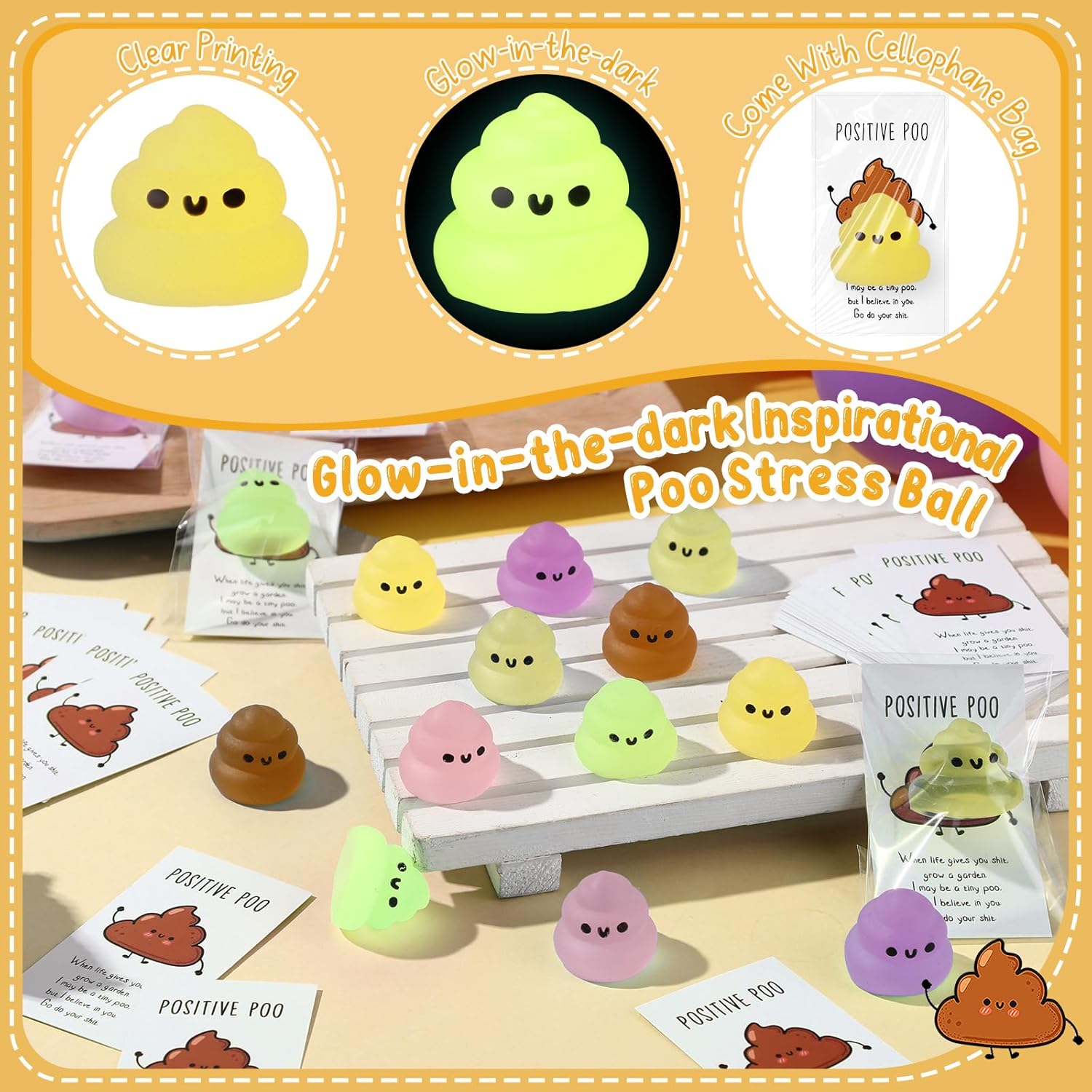 Wettarn 30 Sets Emotional Luminous Stool Stress Ball Gifts Bulk Office Christmas Appreciation Gift Cute Positive Stool Squeeze Inspirational Cards Mini Stress Relief Ball for Coworker Nurse Staff