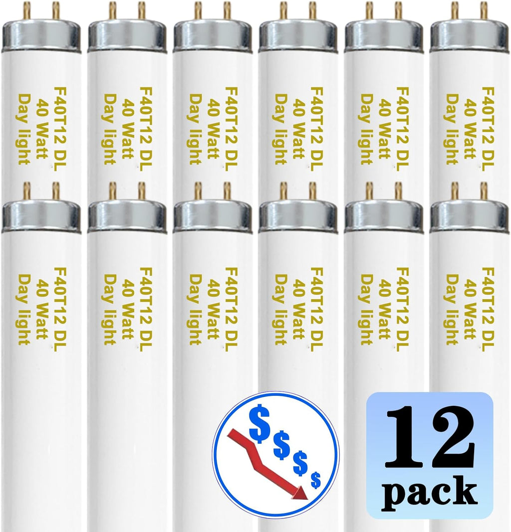 48 Inch F40T12/DL 40W 6500K Daylight Fluorescent Light Bulbs, 4ft T12 Linear Tube Lights F40T12/865, 2650 Lumens, G13 Bi-Pin 12 Pack