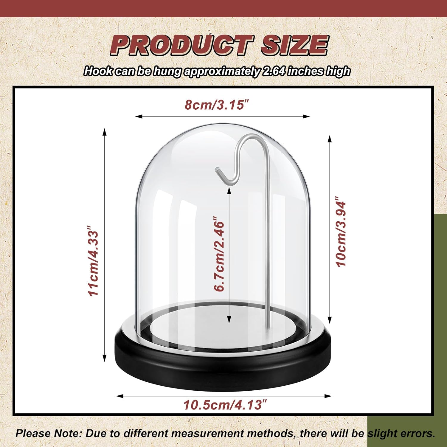 2 Pcs Pocket Watch Glass Display with Hooks Dome Cloche with Wood Base Decorative Glass Display Dome Showcase for Watch Plants Medals Photos Collectibles Dark MDF Base(3" X 4",Silver Hook)