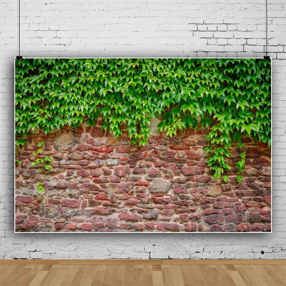ChloropLastid 15x8ft Rustic Rock Brick Wall Backdrop Retro Stone Wall with Green Leaves Vine Photography Background Wedding Birthday Party Decor Banner Adult Kids Portrait Photoshoot Studio Props