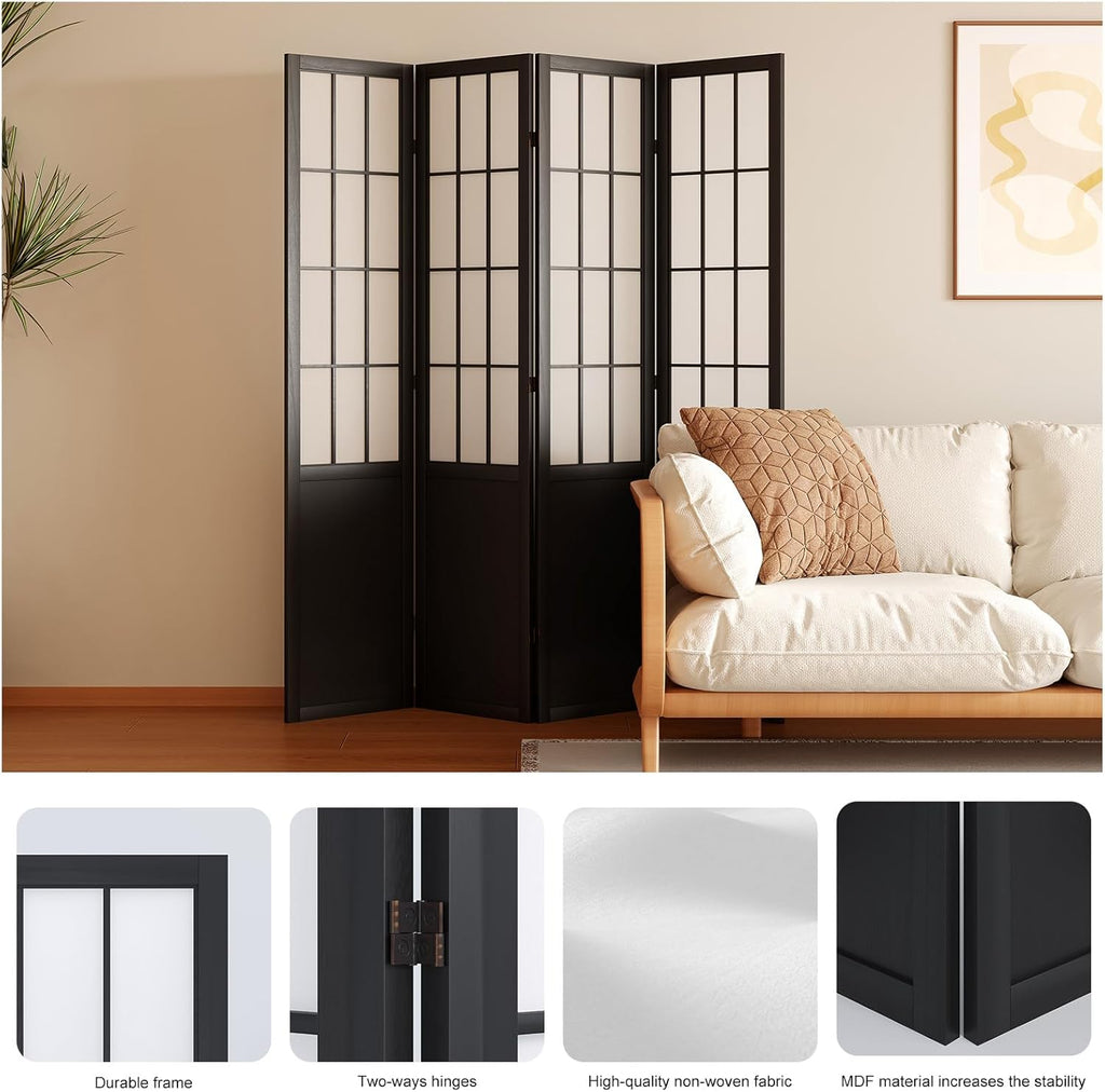 Room Divider, 66.9Inch Tall Japanese Shoji Style Folding Wood Screen with Double Hinges for Home Office Bedroom Hotel Decoration (4Panels, Black)