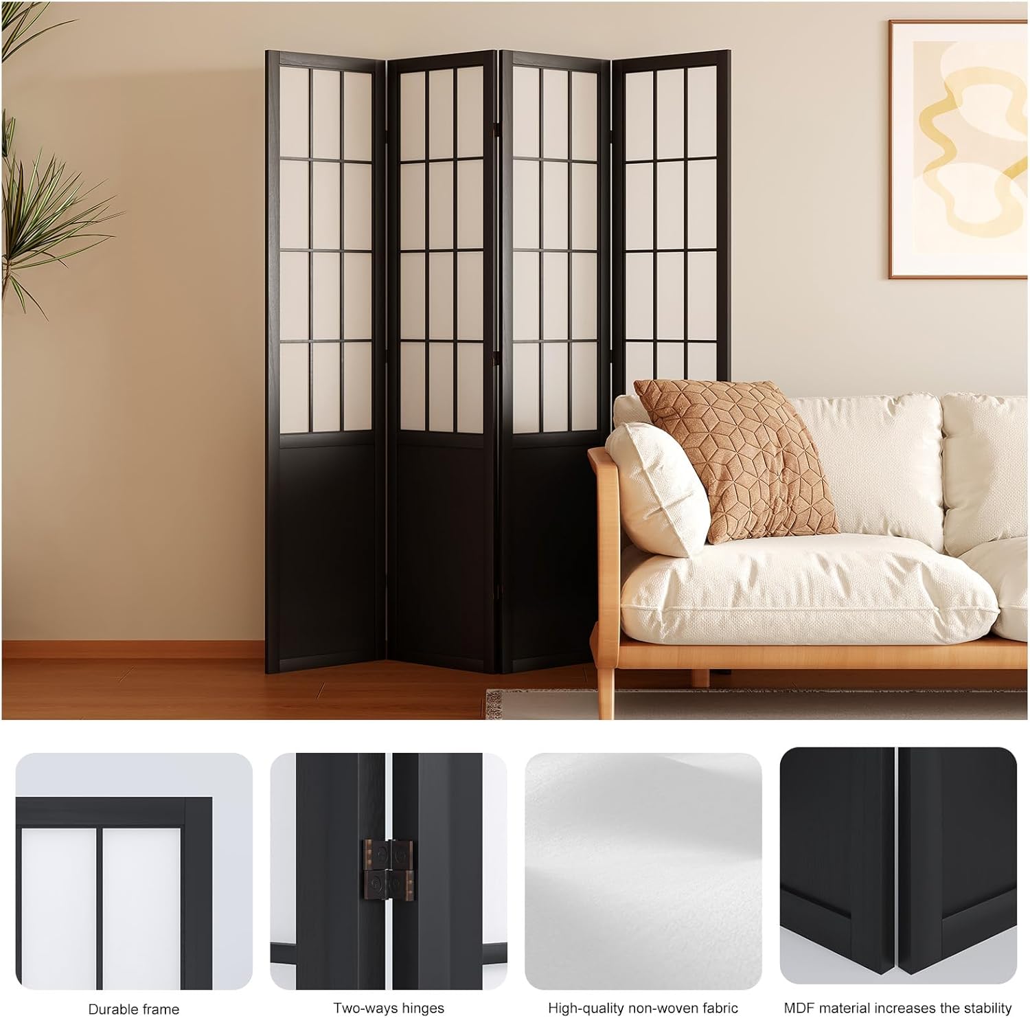 Room Divider, 66.9Inch Tall Japanese Shoji Style Folding Wood Screen with Double Hinges for Home Office Bedroom Hotel Decoration (4Panels, Black)