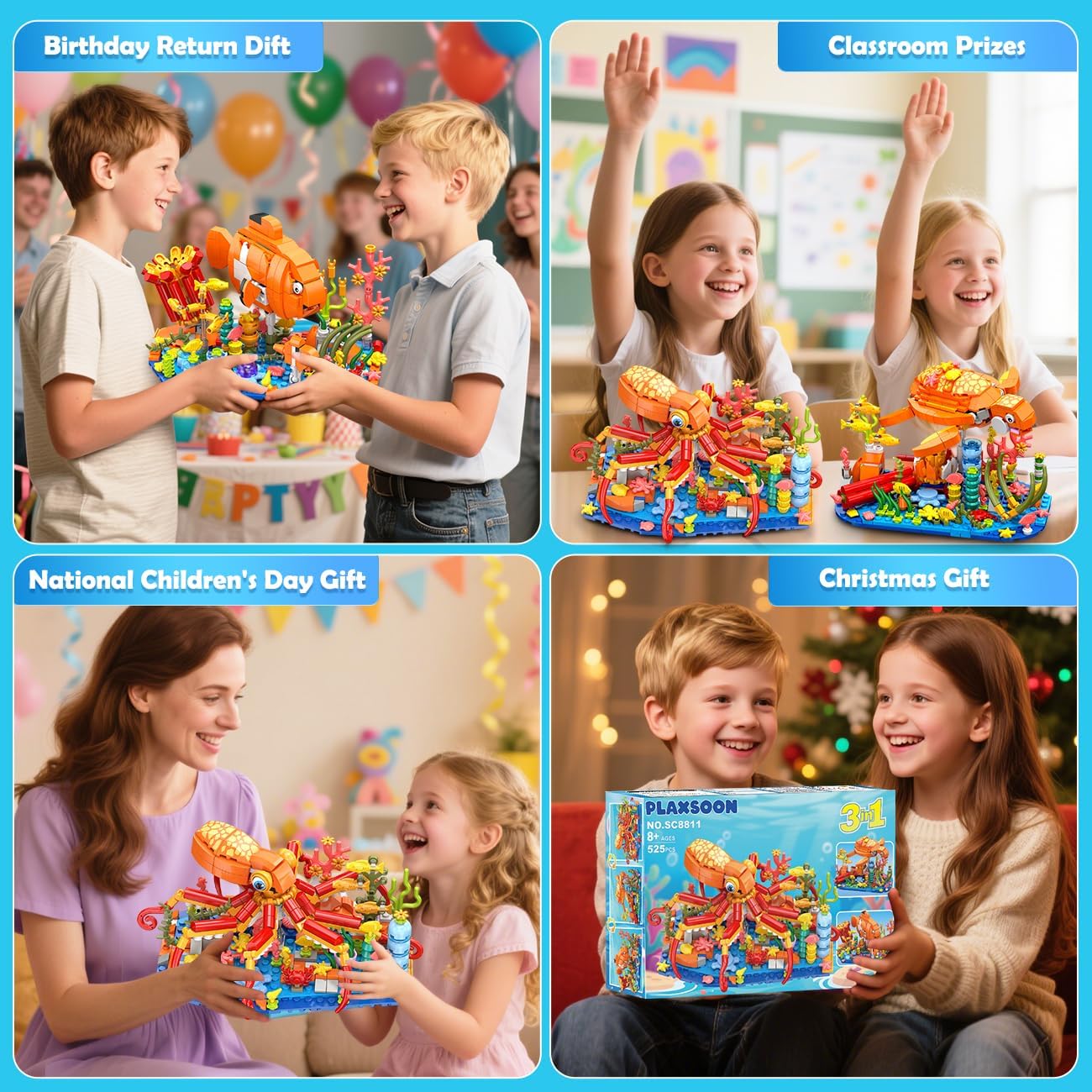 3 in 1 Animals Fish Turtle Octopus Building Set, Poseable Ocean Animal Building Block Toy for Office Home Decor, 525PCS Sea Creatures Kit, Birthday Gift for Adults Kids Boys Girls Ages 8-12+