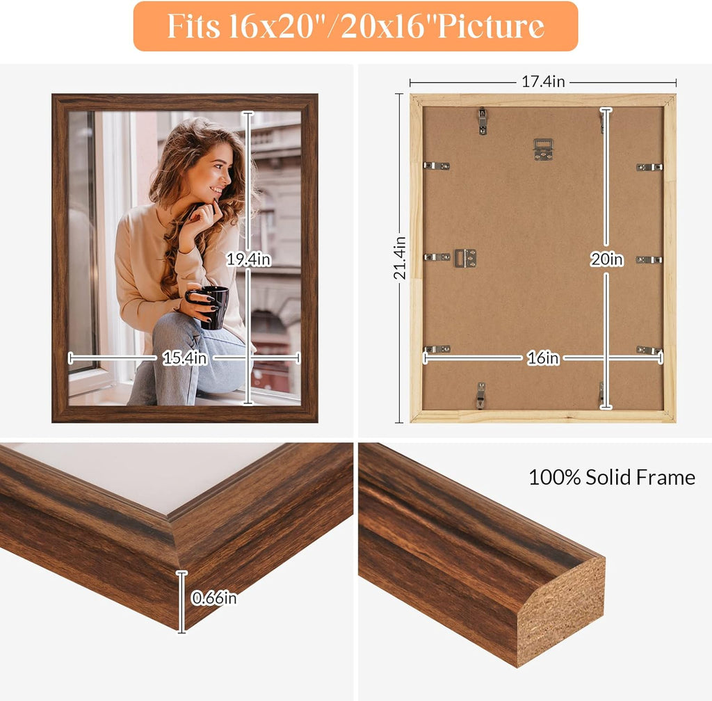 16x20 Wood Frame Brown, Rustic Natural 20x16in Woodgrain Picture Poster Frame, Modern Brown 16 x 20inch Gallery Wall Photo Frame with HD Plexiglass, Horizontal Vertical Wall Mounting Display 1pcs