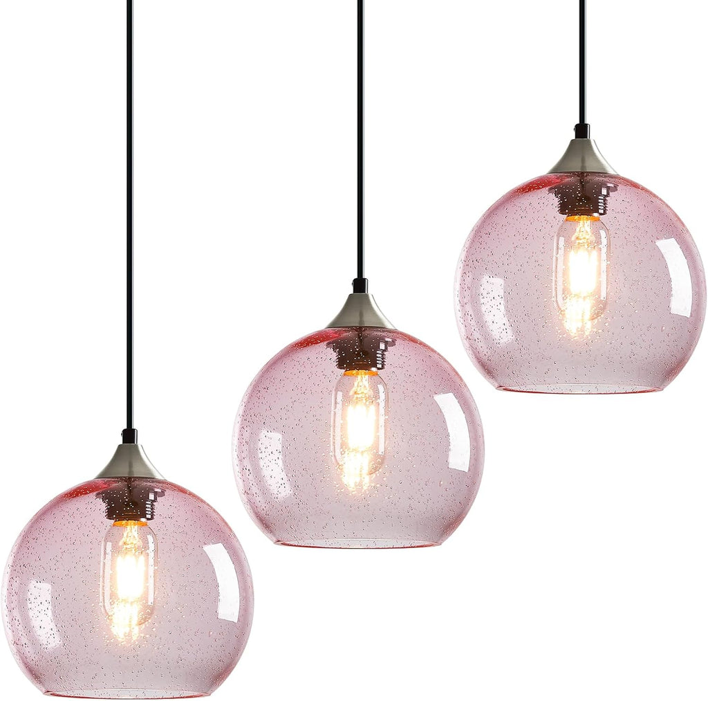 Pink Glass Pendant Lights Kitchen Island Lighting Globe Pendant Light Fixtures Modern Pendant Lighting for Bedroom Living Dining Room Light Fixture (7.87 in, 3 Pack)
