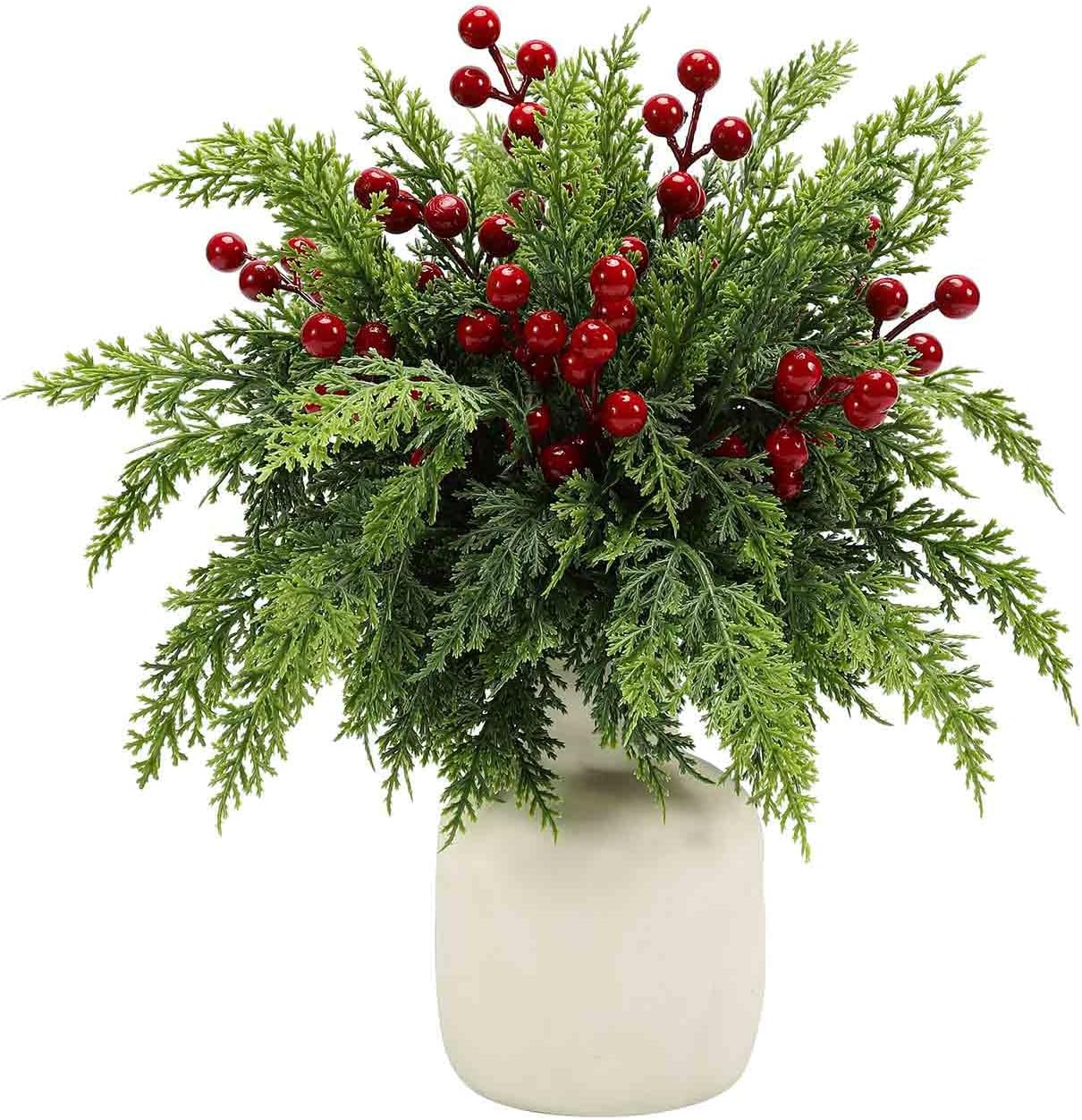 50 PCS Christmas Artificial Pine Picks with Red Berry Stems, 13" Faux Evergreen Norfolk Pine Cypress Branches, Fake Cedar Pine Needles Branches for DIY Craft Vase Garland Decoration