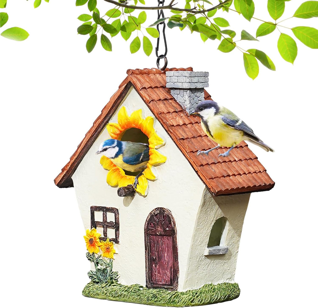 Garden Bird House for Outside, Hanging Resin Birdhouse Hummingbird House for Blue Bird Sparrow Chickadee, Sunflower Decorative Bird Box for Outdoors Country Garden Courtyard (Brown, Small)