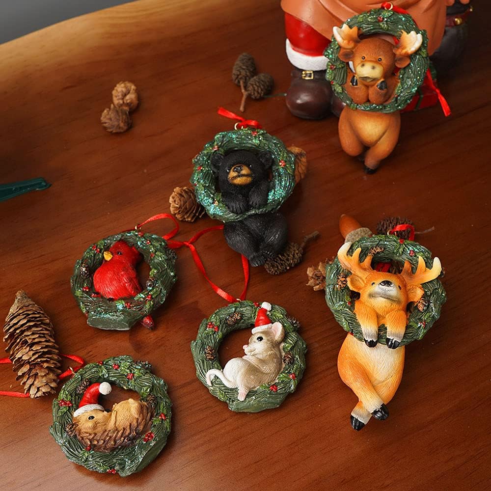 Christmas Small Animal Wreath Swing Ornament Hanging Decor for Xmas Tree Home Office Room Decoration with String (New, Pack of 6)