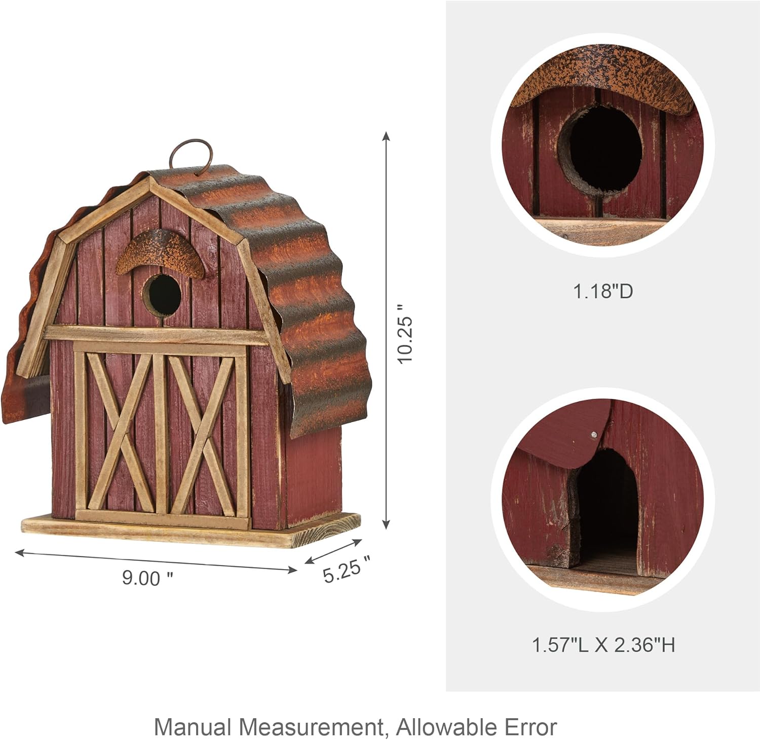 Glitzhome 10.25" H Hanging Birdhouse Washed Red Distressed Solid Wood Barn Decorative Outdoor Garden Bird House