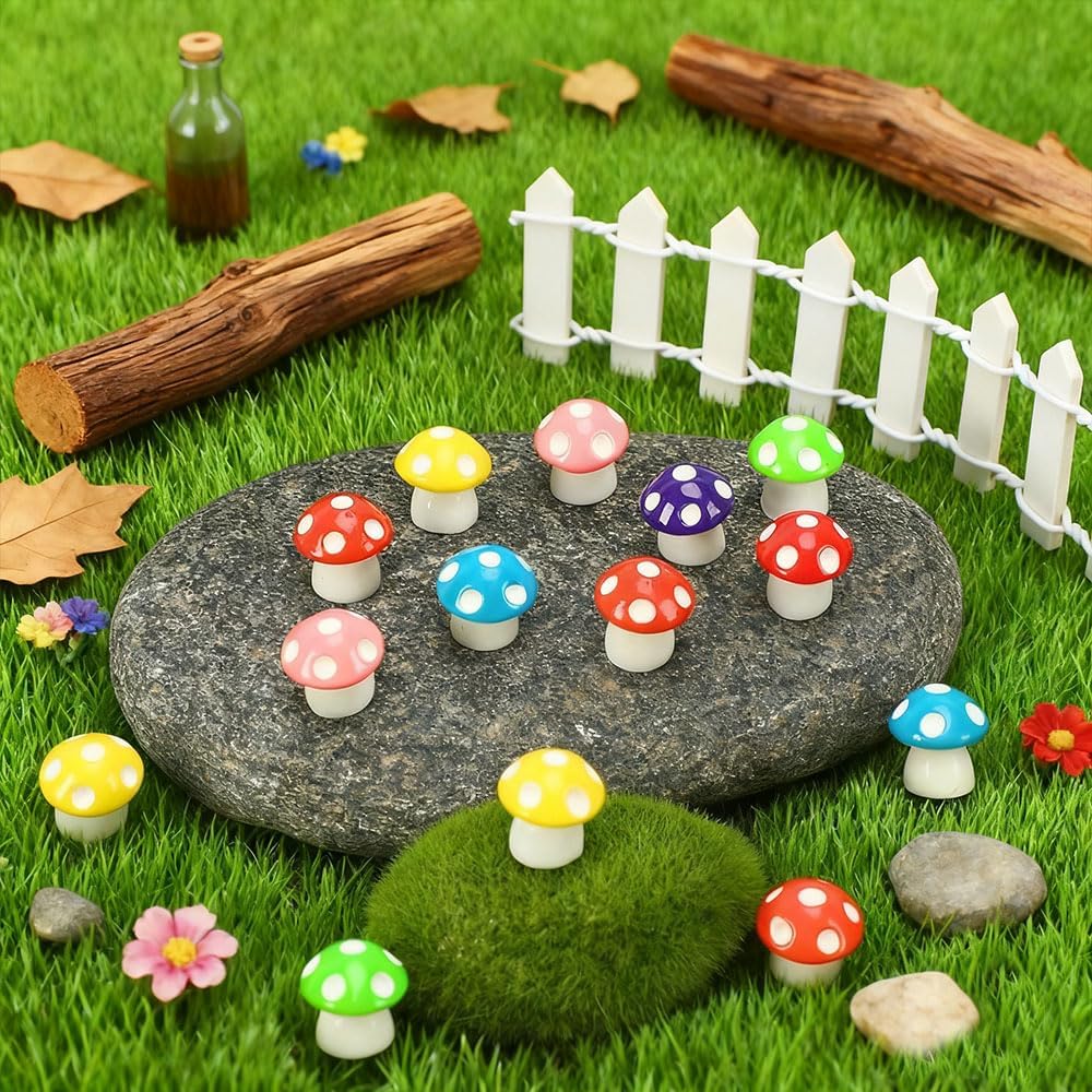 Mini Resin Mushrooms - 108PCS Bulk Small Fairy Garden Decor with 9 Colors, Miniature Mushroom Figurines for Terrarium, Dollhouse, Plant Pot, Aquarium Landscape, DIY Crafts