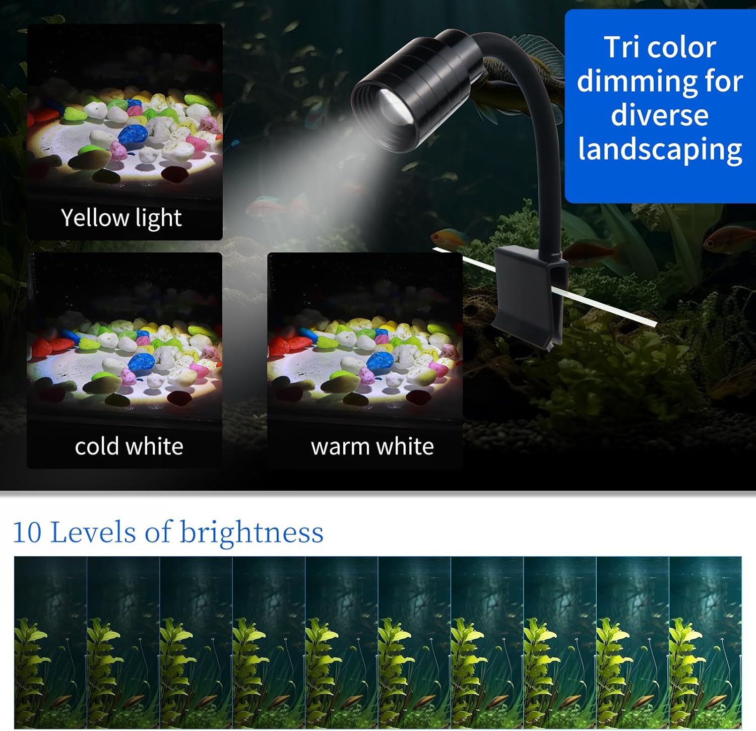 Mini Clip On Aquarium Light Small Dimmable Fish Tank Light USB Spotlight with Timer 3 Light Modes 10-Level Brightness for 1 to 3 Gallon Tanks (Adapter NOT Included)