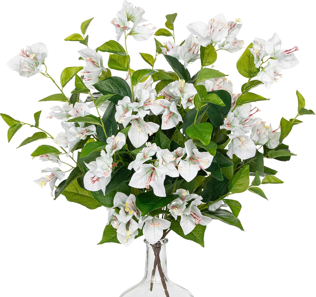 Hollyone 2Pcs Bougainvillea Artificial Flowers Bouquets White Fake Flower Silk Flowers with Long Stem Floral Arrangements Faux Bougainvillea Flower Plant for DIY Wedding Party Centerpieces Home Decor