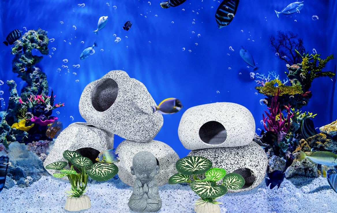 Aquarium Decorations Rock Caves Decor Betta Fish Tank Accessories 5PCS Hideout Stones House, 1PCS Aquarium Buddha Statue Decorations with Plastic Plants for Aquatic Pets Hide