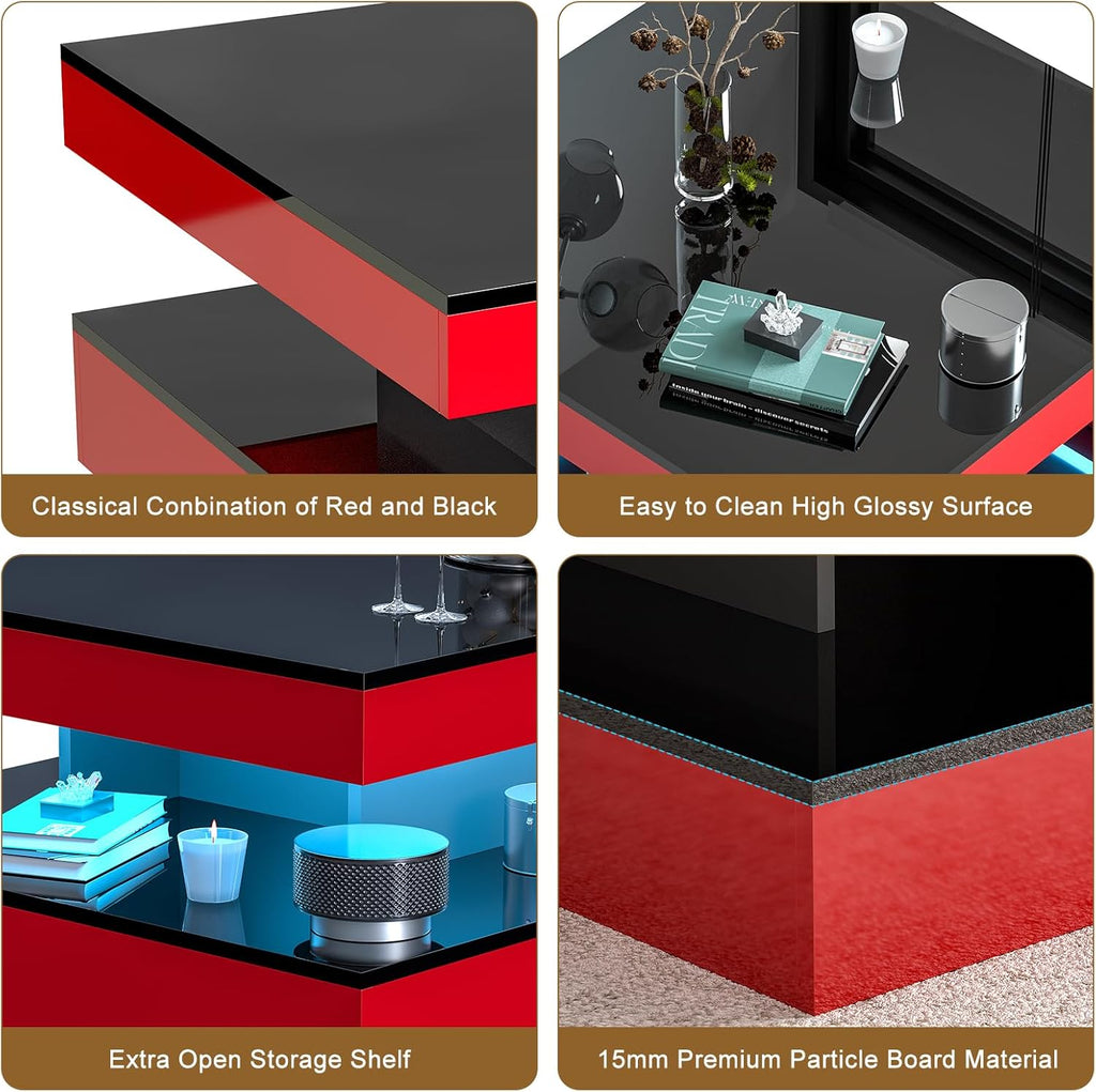 Red LED Coffee Table for Living Room, Living Room Table 2-Tier Square Modern High Glossy Contemporary Wood Coffee Tables with Storage, Tea Table for Dining Reception Room
