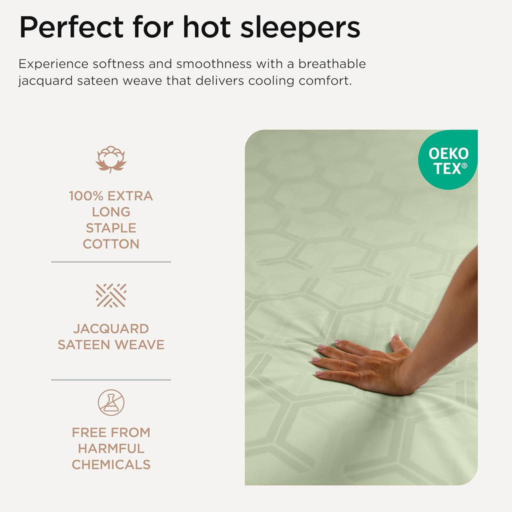 Threadmill 100% Cotton Sheets for King Size Bed - 600 Thread Count King Bed Sheets Set with 16” Deep Pocket - Jacquard Sateen Weave 4-Piece Bedding Set with Cooling Effect, Sage Green