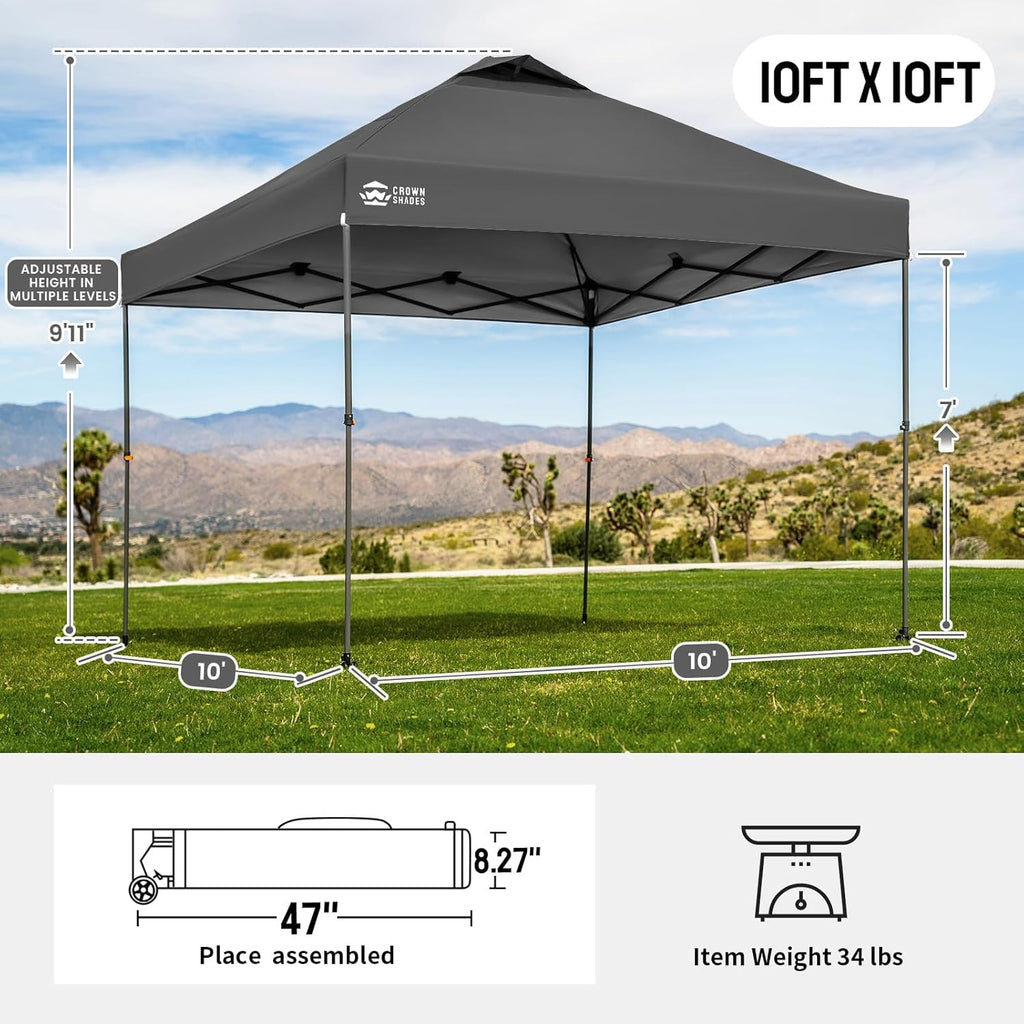 CROWN SHADES Adjustable Height on The Fly, 10x10 Pop Up Canopy - Beach Tent with One Push Setup - Easy Outdoor Sun Shade for Events, Parties, Camping - Outside Shade with STO-N-Go Bag, Grey