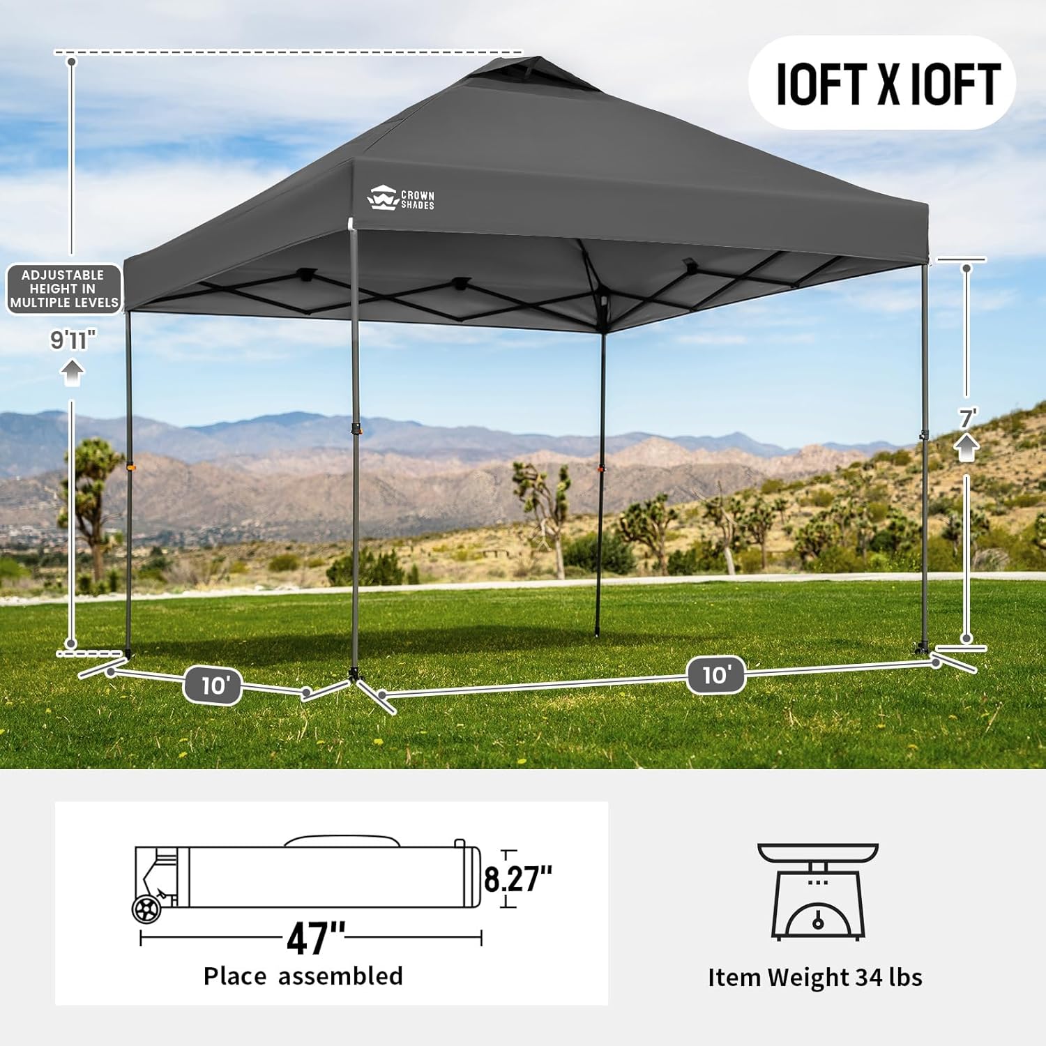 CROWN SHADES Adjustable Height on The Fly, 10x10 Pop Up Canopy - Beach Tent with One Push Setup - Easy Outdoor Sun Shade for Events, Parties, Camping - Outside Shade with STO-N-Go Bag, Grey