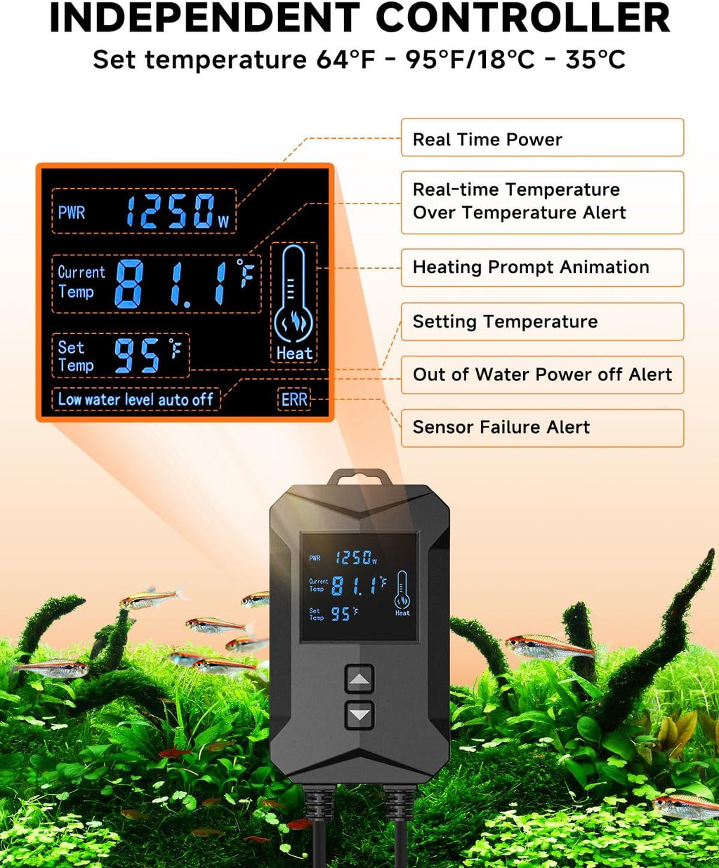 AQQA Aquarium Heater 800W/1000W/1200W/1400W Fish Tank Heater with LED Digital Display 110-120V Submersible No Pond Heaters with Overheat & Dry-Out Protection for Freshwater & Saltwater Tanks (1200W)