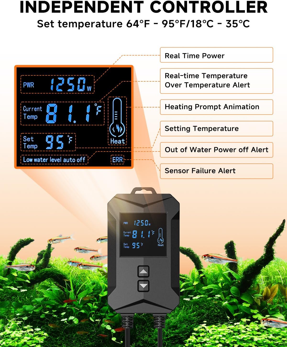 AQQA Aquarium Heater 800W/1000W/1200W/1400W Fish Tank Heater with LED Digital Display 110-120V Submersible No Pond Heaters with Overheat & Dry-Out Protection for Freshwater & Saltwater Tanks (1000W)