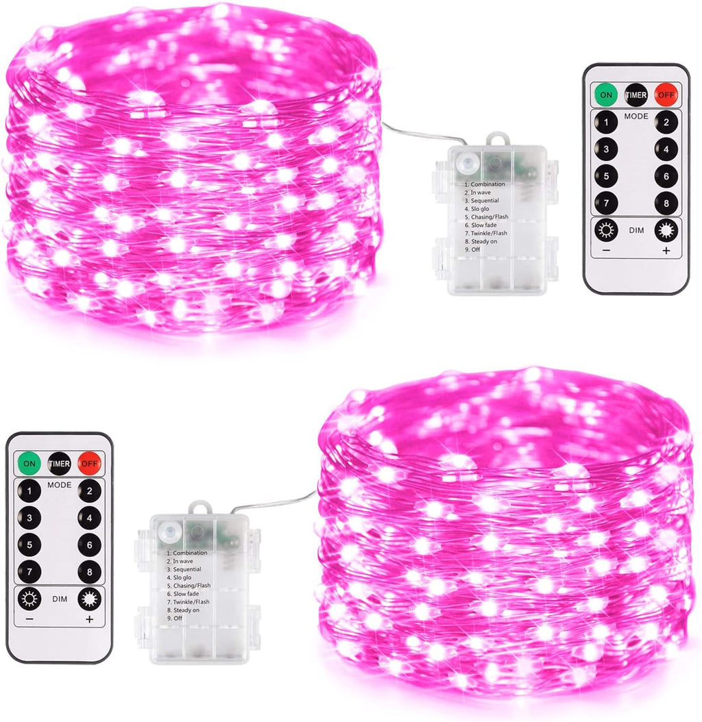 JMEXSUSS 2 Pack Pink Fairy Lights Battery Operated, Total 200 LED 66ft Twinkle String Lights with Remote, 8 Modes Pink Christmas Lights for Bedroom Tree Valentine's Day Anniversary Indoor Decor