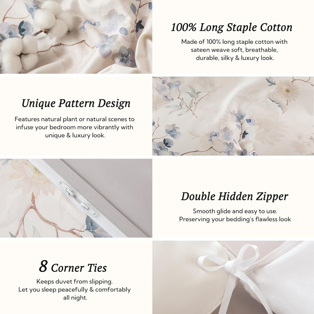 MILDLY Full Size Duvet Cover Set 100% Long-Staple Cotton Luxury Elegant Floral Patten Reversible Comforter Cover Set 3Pcs