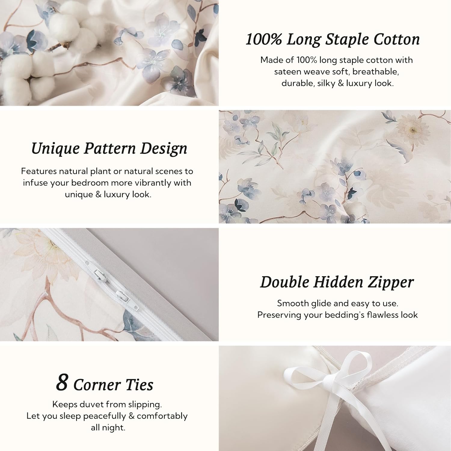 MILDLY Full Size Duvet Cover Set 100% Long-Staple Cotton Luxury Elegant Floral Patten Reversible Comforter Cover Set 3Pcs