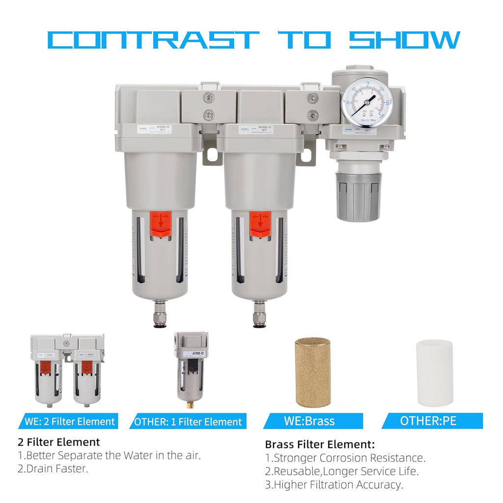NANPU 1" NPT Air Drying System - Double Air Filters, Air Pressure Regulator Combo - Semi-Auto Drain, Poly Bowl