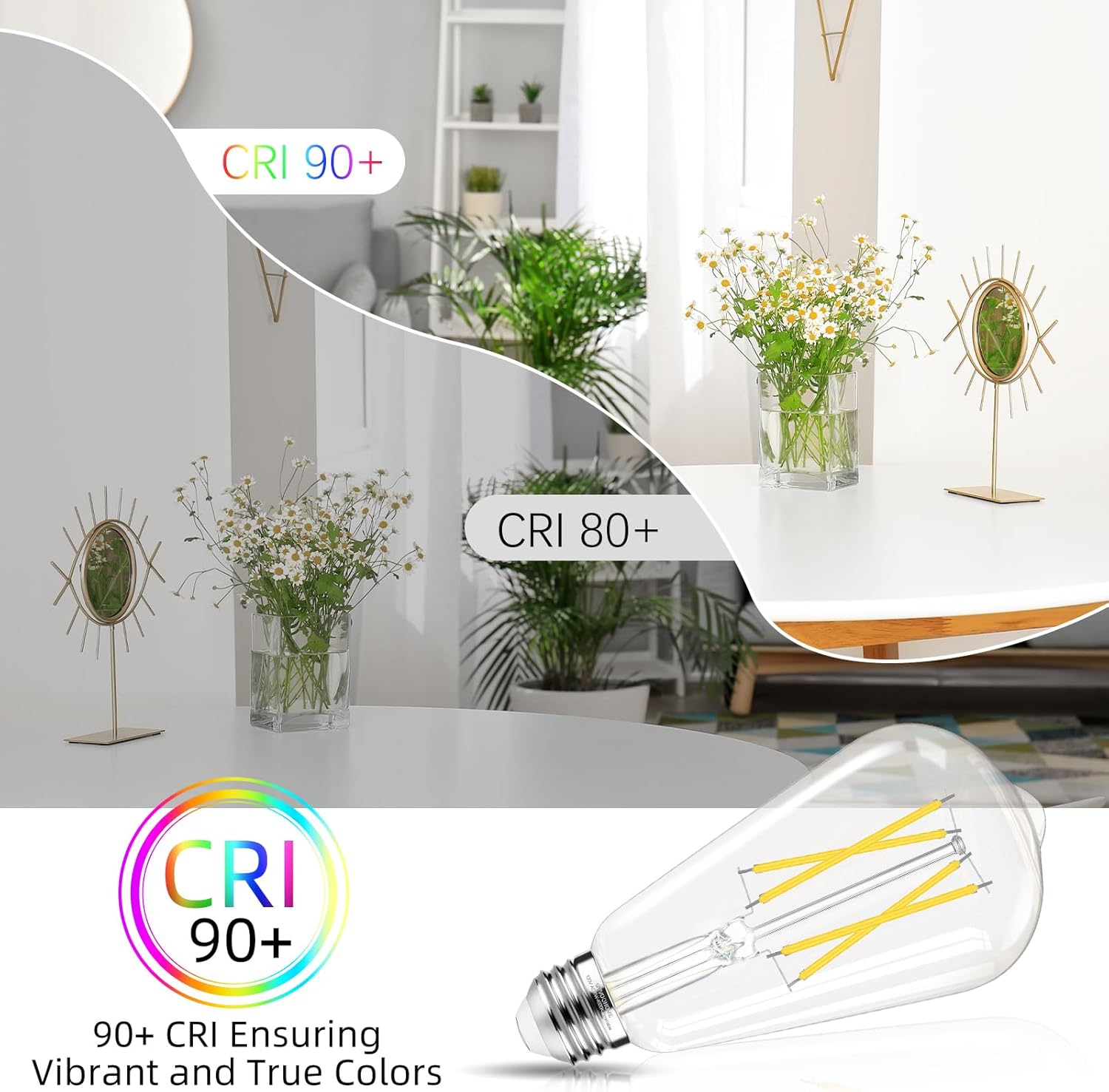 Edison Bulbs Dimmable, E26 LED Bulb 60 watt Equivalent, Cool White 4000K, ST58 Vintage Light Bulbs, 90+ CRI, 6W 600LM, E26 Medium Base, Clear Glass, 24 Pack