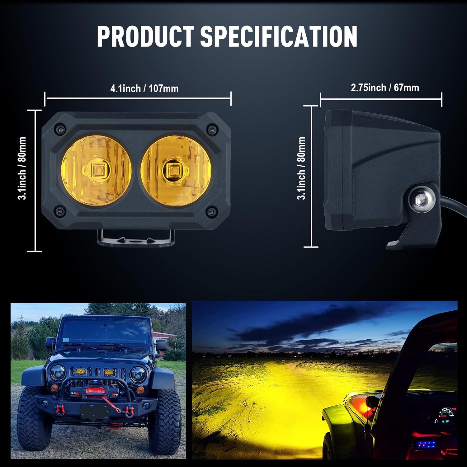 BIGLION.X 4 Inch Amber LED Light Pods, 2Pcs 100W Yellow Offroad Driving Fog Light With 5050 LED 8000LM Spot & Flood Combo Beam Square Pod With Wiring Harness for Truck Pickup 4x4 SUV ATV UTV