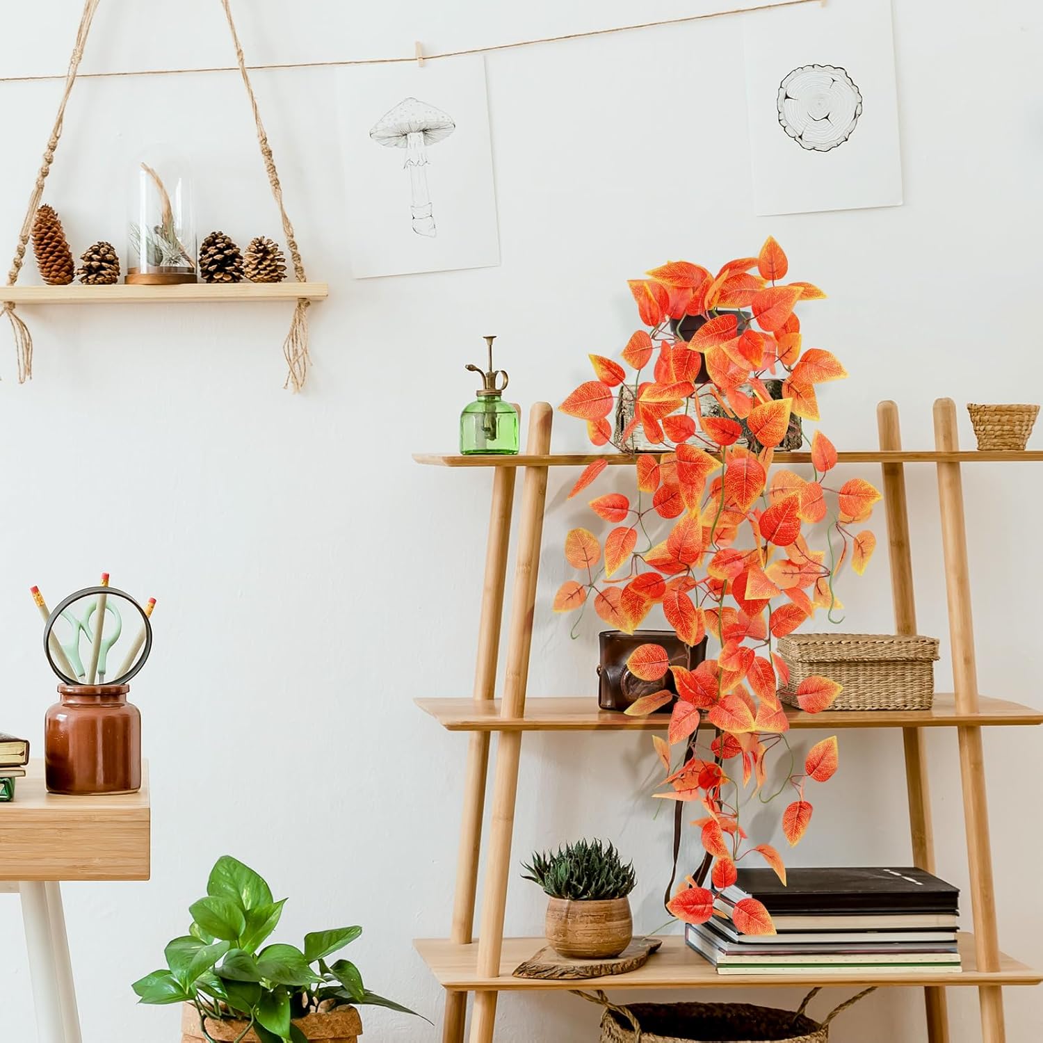 Fake Fall Plants Hanging Faux Orange Vines Artificial Potted Pothos Plant- Fall Decorations Autumn Decor for Thanksgiving Bathroom Wall Kitchen Room Decor Indoor and Outdoor (Black Pot Include)