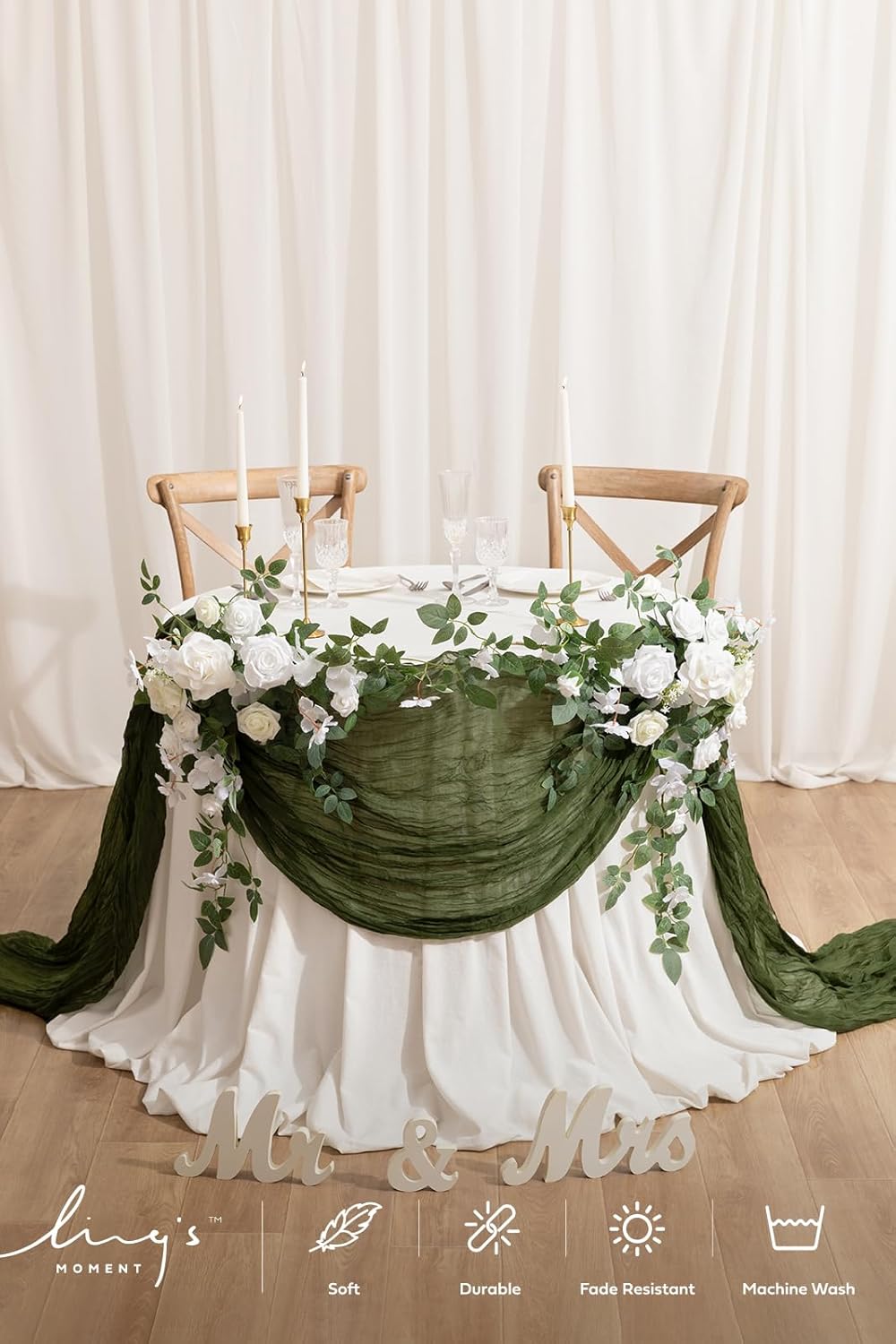Ling's Moment 14Ft x 35" Wide Olive Moss Green Gauze Semi-Sheer Table Runner Cheesecloth Tablecloth for Wedding Party Bridal Shower Boho Table Decor Moss Green