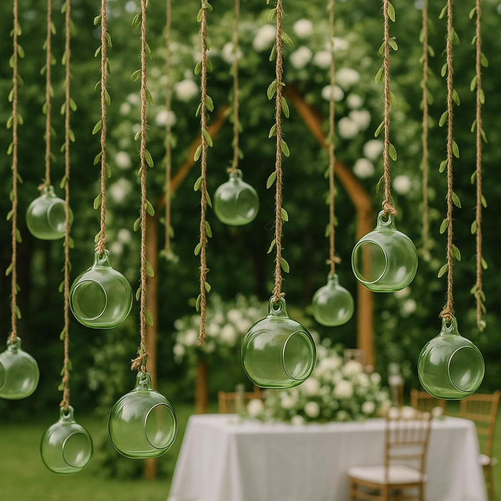 3.15'' Hanging Glass Tealight Holder Globe and 33ft 5mm Natural Jute Twine Ribbon with Artificial Leaves for Crafts, Hanging Glass Terrarium Containers for Wedding Party Tree Decoration