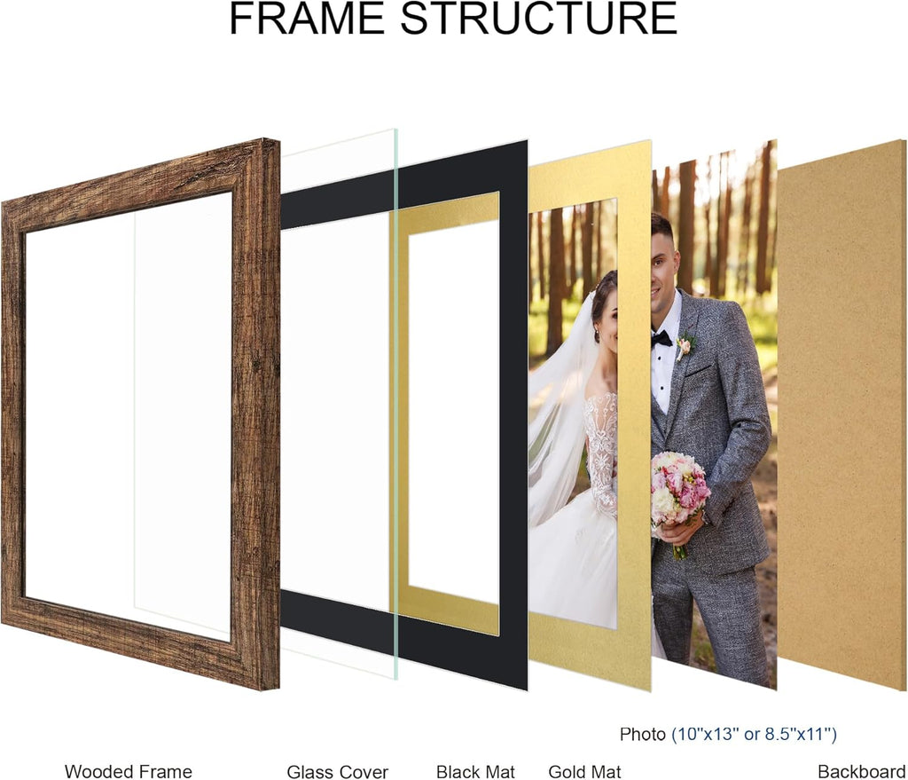 10x13 Picture Frame Set of 4, Made of Real Glass and Rustic Brown Frame, 10 by 13 Photo for Wall or Tabletop - Display Picture 8.5x11 with Mat or 10x13 Without Mat